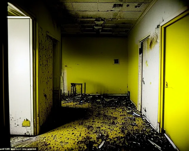 Image similar to the backrooms, the eerie forlorn atmosphere of a place that's usually bustling with people but is now abandoned and quiet, walls with tone of yellow, buzzing fluorescent lights, unsettling images, liminal space, dark