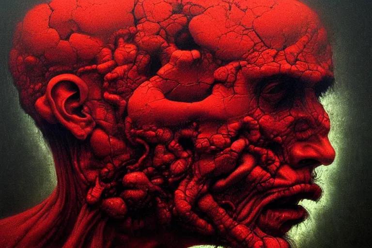 Image similar to head of a man falling apart, in the style of beksinski, intricate and epic composition, red by caravaggio, insanely quality, highly detailed, masterpiece, purple light, artstation, 4 k