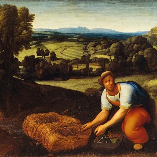 Prompt: Farmer tilling his field by Raphaël,