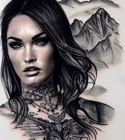 Image similar to double exposure tattoo design sketch of megan fox with beautiful mountain scenery, realism tattoo, in the style of den yakovelev, amazing detail, sharp