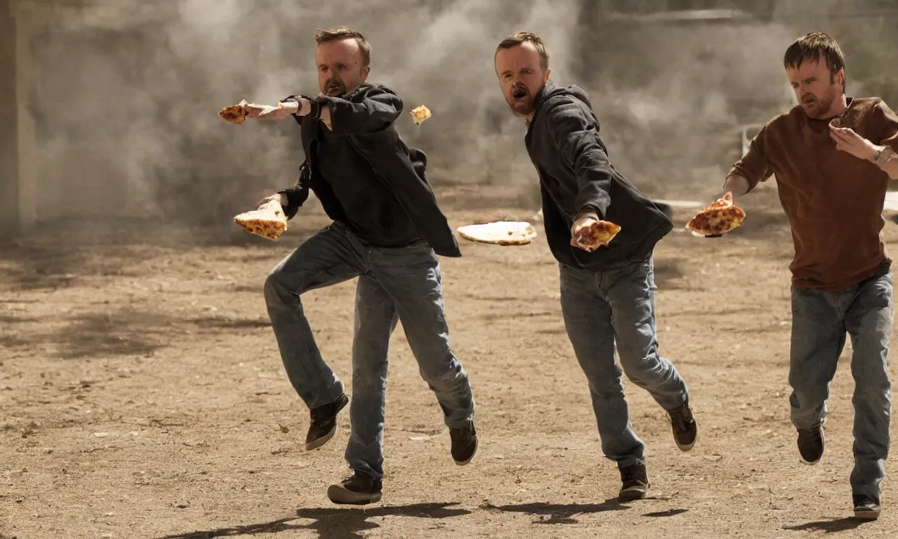 Prompt: jesse pinkman throwing pizza at walter white while he's running away, still shot from breakingbad serie