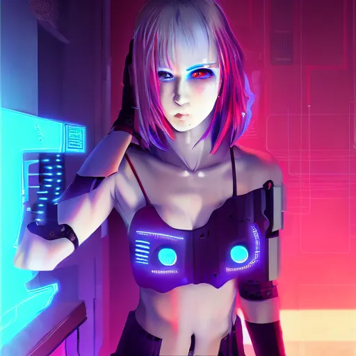 Image similar to colored pencil, anime cyberpunk art, beautiful full body female cyborg - angel, red to blue to purple fade, glowing red left eye and glowing blue right eye, advanced digital cyberpunk art, wlop, rossdraws sakimimichan, ilya kuvshinov, krenz cushart, greg rutkowski - c 1 7