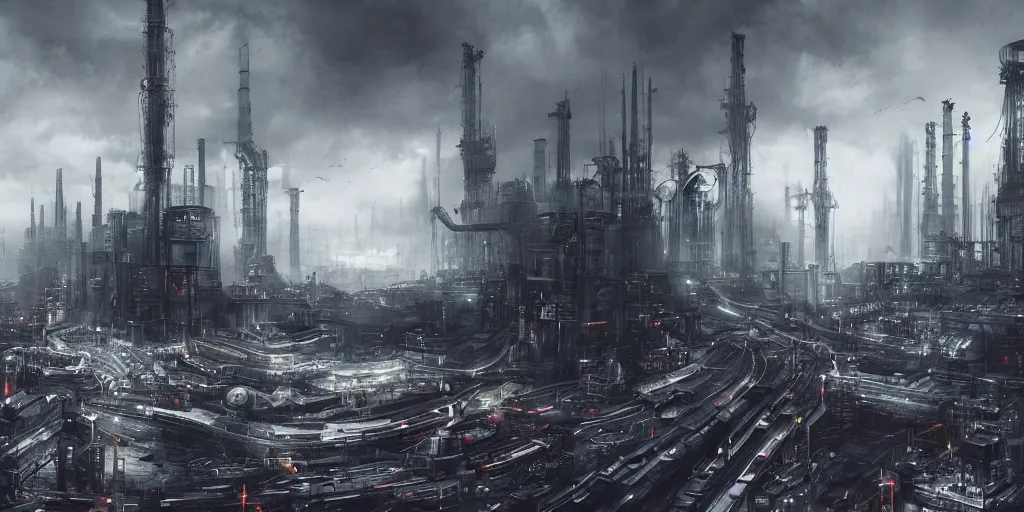 Image similar to futuristic science-fiction landscape of the world of machines, huge mechanical towers buildings and bridges, ground full of factories and pipes, under a dark cloudy sky, in the style of Blade Runner