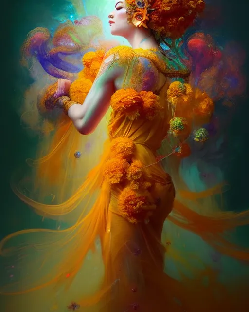 Image similar to Full View Portrait Mystical ethereal marigold deity wearing beautiful dress, marigold Dryad, 4k digital masterpiece by Anna dittman and Ruan Jia and Alberto Seveso, fantasycore, Hyperdetailed, realistic oil on linen, soft lighting, marigold background, featured on Artstation