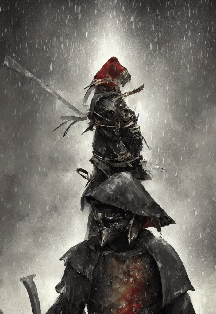 Image similar to a hooded samurai wearing a samurai mask holding his sword in a heroic pose standing in heavy rain magical conceptart, trending on artstation, deviantart.