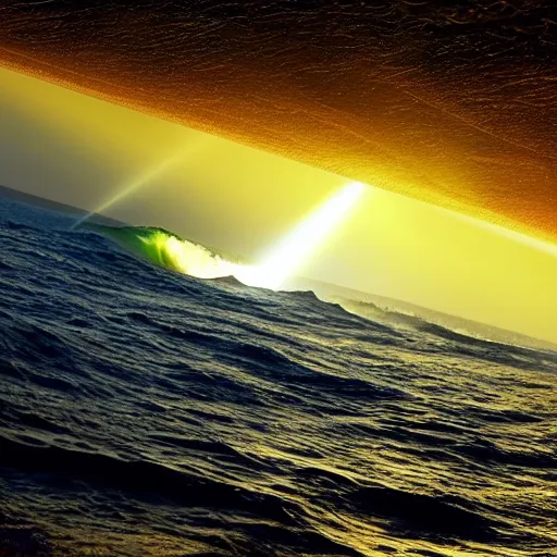 Prompt: a photo of a beam of light striking the ocean causing large waves, highly detailed