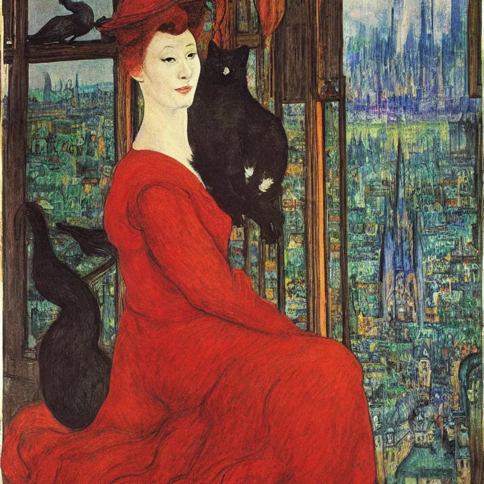 Image similar to portrait of woman in night gown with cat and crane with city with gothic cathedral seen from a window frame with curtains. max ernst, jan van eyck, bonnard, henri de toulouse - lautrec, utamaro, matisse, monet, audubon