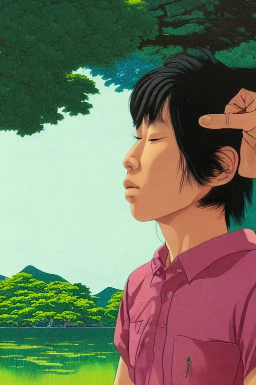 Prompt: a closeup portrait of a young japanese man taking mind altering drugs, a blotter paper of lsd acid and dreaming psychedelic hallucinations in the vast green landscapes of the amazon jungle, by kawase hasui, moebius, edward hopper, colorful flat surreal design, hd, 8 k, artstation