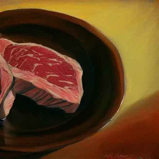 Prompt: a bowl of steak on a table corner view in the style of wlop, portrait, fancy