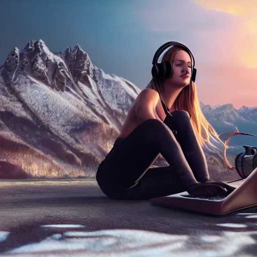 Prompt: photorealistic illustration of beautiful girl working on black laptop at old van on nature, long blonde hair, blue eyes, headphones, sunset at mountains, high detailed, octane render, Pasquale Scionti on Artstation