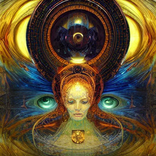 Image similar to a beautiful visionary portrait of Divine Chaos Engine by Karol Bak, Jean Deville, Gustav Klimt, and Vincent Van Gogh, sacred geometry, mystic, otherworldly, fractal structures, ornate gilded medieval icon, third eye, spirals