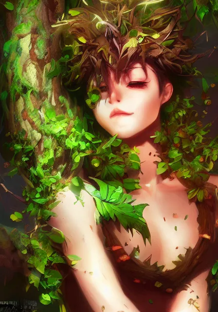 Image similar to A realistic anime portrait of a handsome dryad clown with glowing green eyes and tree bark skin wearing clothes made of leaves, digital painting, by Stanley Artgerm Lau, Sakimichan, WLOP and Rossdraws, digtial painting, trending on ArtStation, SFW version