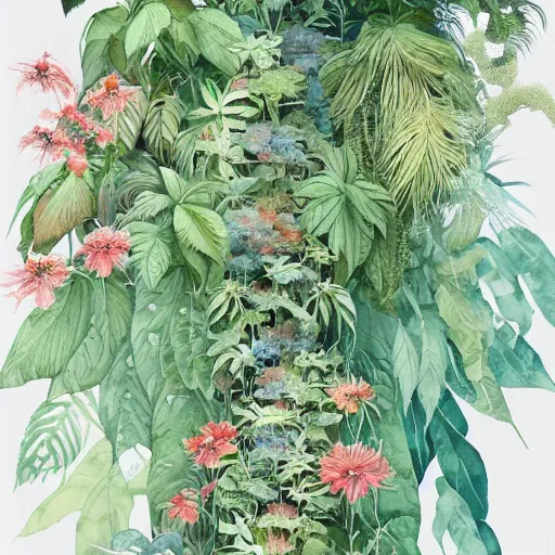 Prompt: a beautiful intricate watercolor painting of jungle plants, 4 k, ultra - wide angle, by william turner, by victo ngai, by miho hirano, hd, trending on artstation