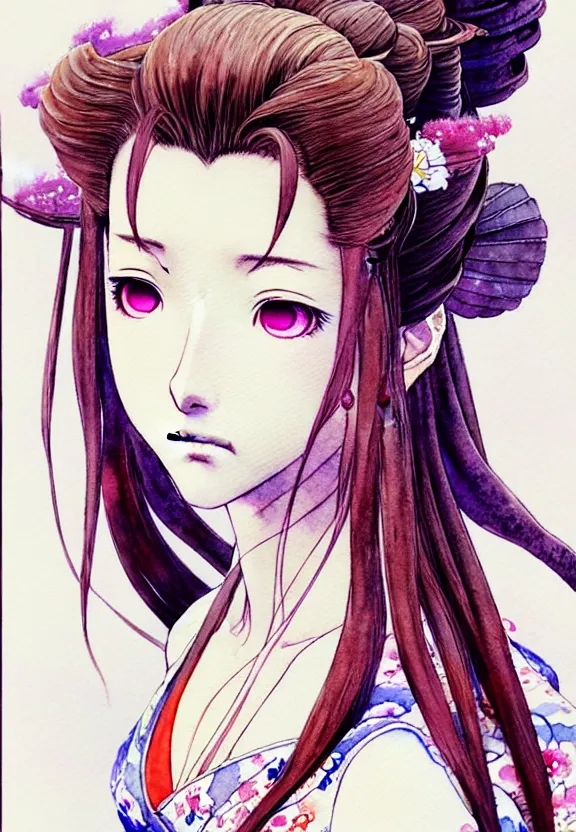 Image similar to a full-body watercolor painting of Aerith Gainsborough by Yoshitaka Amano, ukiyo-e, nouveau, concept art, 80's fantasy art, highly detailed, intricate, trending on artstation, award-winning