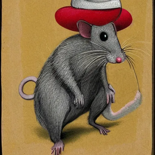 Prompt: portrait of a humanoid rat wearing a hat in the style of piccaso