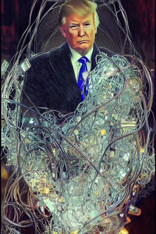 Prompt: hyperrealist portrait of donald trump, it is decorated with wires and monitors. by jeremy mann and alphonse mucha, fantasy art, photo realistic, dynamic lighting, artstation, poster, volumetric lighting, very detailed faces, 4 k, award winning