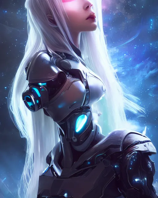 Image similar to perfect android girl on a mothership, warframe armor, beautiful face, scifi, futuristic, galaxy, nebula, raytracing, dreamy, long white hair, blue cyborg eyes, sharp focus, cinematic lighting, highly detailed, artstation, divine, by gauthier leblanc, kazuya takahashi, huifeng huang