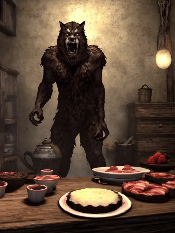 Prompt: cute handsome cuddly burly surly relaxed calm timid werewolf from van helsing sitting down at the breakfast table in the kitchen of a normal suburban home wearing a chefs apron having fun baking strawberry tart cakes unreal engine hyperreallistic render 8k character concept art masterpiece screenshot from the video game the Elder Scrolls V: Skyrim