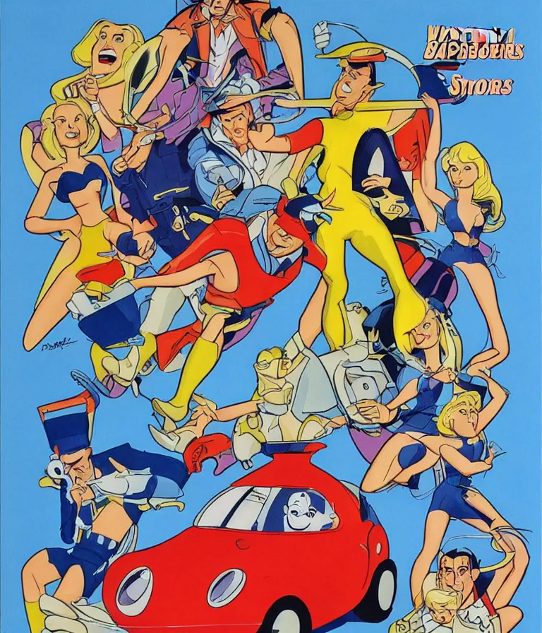 Image similar to Hannah Barbera cartoons of Five Star Stories as Whacky Wheels, promotional poster.