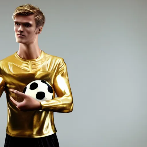 Image similar to a realistic detailed photo of a guy who is an attractive humanoid who is half robot and half humanoid, who is a male android, soccer player martin ødegaard, shiny skin, posing like a statue, blank stare, in a living room, on display, showing off his muscles, gold soccer shorts, side view