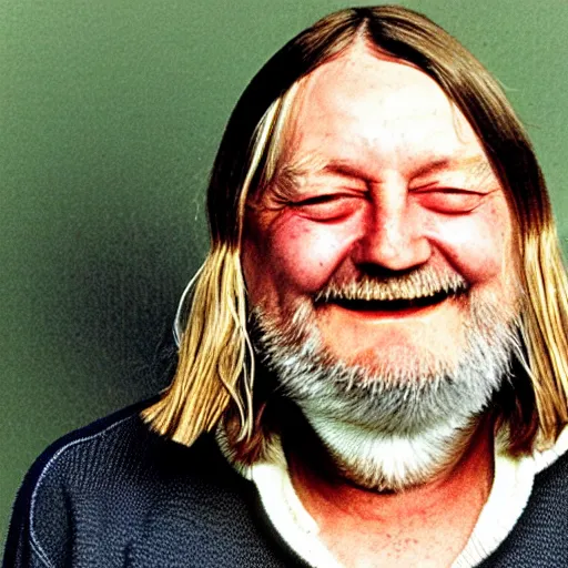 Image similar to robert wyatt smiling with open mouth, staring at his bowl of amanita mushrooms