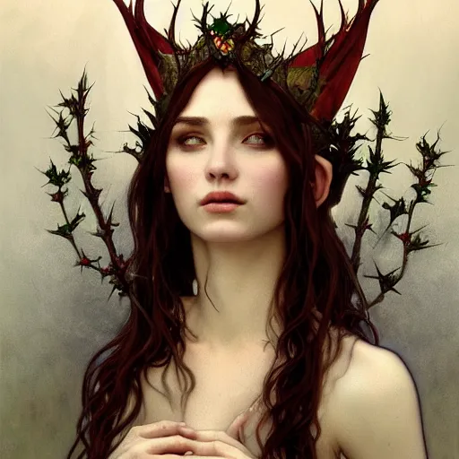 Prompt: portrait of very beautiful elf, rose thorn crown, thorns everywhere, headshot, pale skin, 4k, rule of thirds, extreme detail, detailed drawing, trending artstation, hd, fantasy, D&D, realistic lighting, by Alphonse Mucha, Greg Rutkowski, sharp focus, backlit, bright white hair, elegant