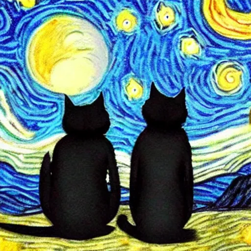 Prompt: back of Cats staring at the moon a starry night style