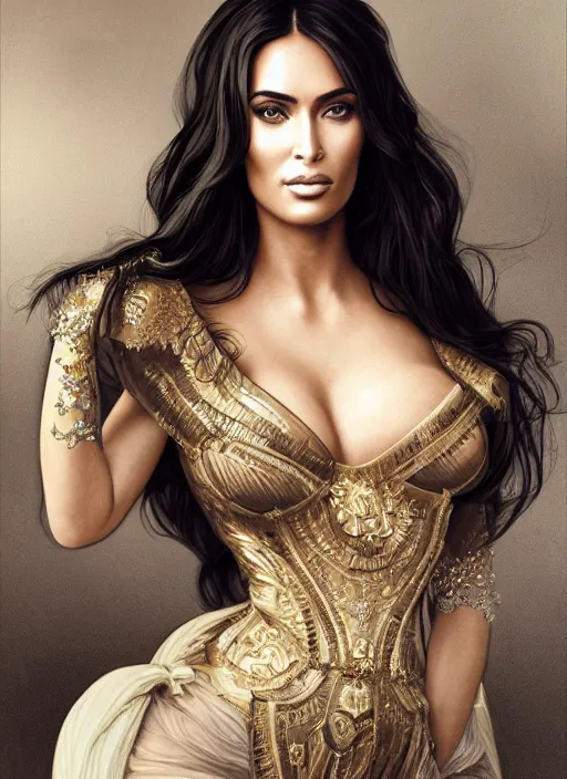 Image similar to portrait of a full body of young beautiful female princess, a mix of kim kardashian and salma hayek and megan fox, d & d, baroque dress, elegant, flat lighting, intricate, highly detailed, digital painting, artstation, concept art, smooth, sharp focus, illustration, art by simon bisley and greg rutkowski and alphonse mucha, natural tpose