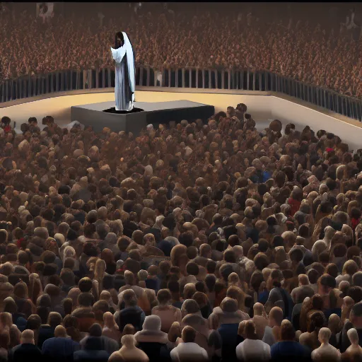 Image similar to jesus christ rapping on a podium to a crowd of people, 4 k image, hd, high res, unreal engine, medieval