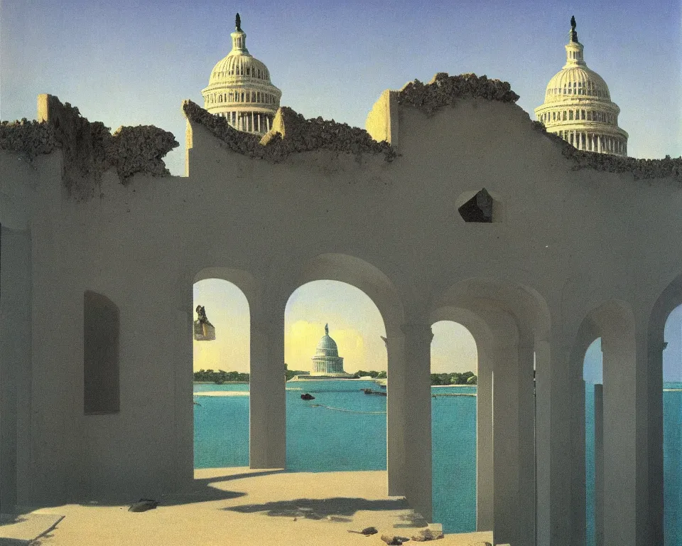 Image similar to an achingly beautiful print of a ruined U.S. Capitol in the Maldives by Raphael, Hopper, and Rene Magritte. detailed, romantic, enchanting, trending on artstation.