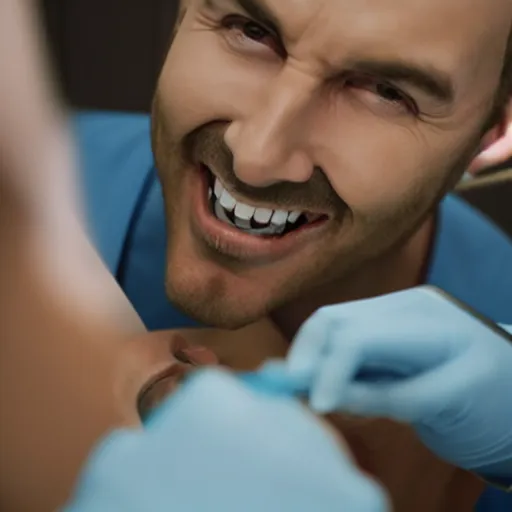 Prompt: a evil dentist preparing to pull a scared mans teeth, 4k photorealistic, cinematic