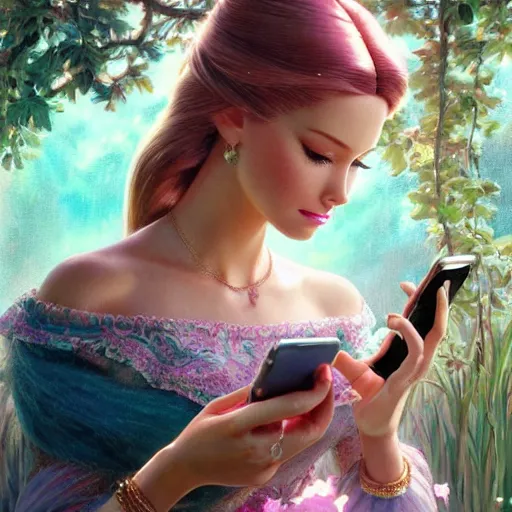 Image similar to a beautiful portrait of barbie looking at her cell phone ; ultra realistic, concept art, intricate details, stunning model, highly detailed, photorealistic, octane render, 8 k, unreal engine. art by artgerm and greg rutkowski and charlie bowater and magali villeneuve and alphonse mucha