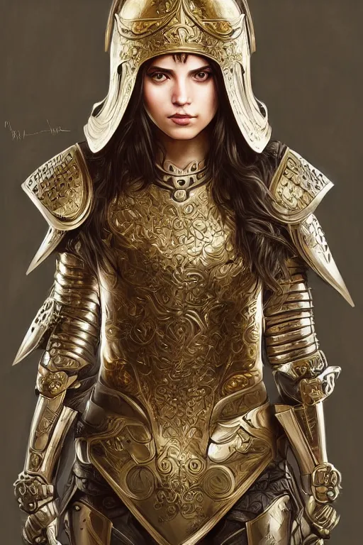 Prompt: attractive young female wearing an ornate metallic helmet, clothed in battle armor, olive skin, long dark hair, beautiful bone structure, symmetrical facial features, intricate, elegant, highly detailed, digital painting, trending on Artstation, concept art, smooth, sharp focus, illustration, art by artgerm and greg rutkowski and alphonse mucha