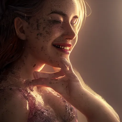 Image similar to full body pose, hyperrealistic photograph of taste of her laughter, dim volumetric lighting, 8 k, octane beautifully detailed render, extremely hyper detailed, intricate, epic composition, cinematic lighting, masterpiece, trending on artstation, very very detailed, stunning, hdr, smooth, sharp focus, high resolution, award, winning photo, dslr, 5 0 mm