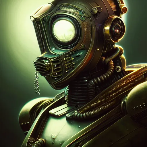 Image similar to front shot of a cyberpunk gazmask robot character, intricate, elegant, highly detailed, centered, digital painting, artstation, concept art, smooth, sharp focus, illustration, artgerm, Tomasz Alen Kopera, Peter Mohrbacher, donato giancola, Joseph Christian Leyendecker, WLOP, Boris Vallejo