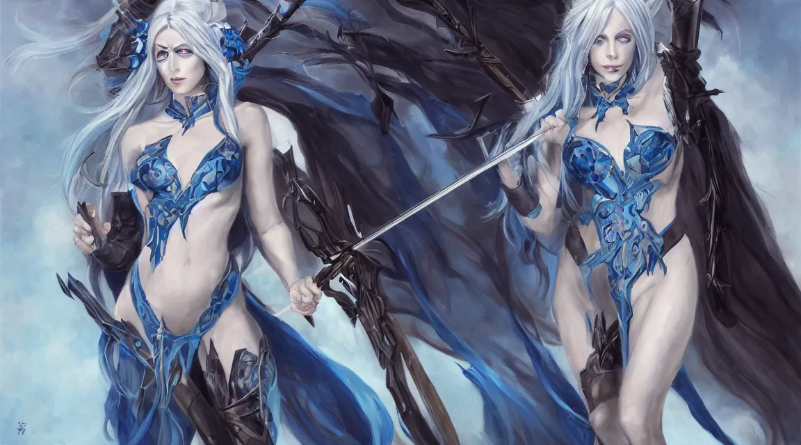 Prompt: a beautiful painting of a dark elf woman with long white hair wearing a blue outfit with a bow and quiver of arrows strapped to her back, piercing blue eyes by Raymond Swanland