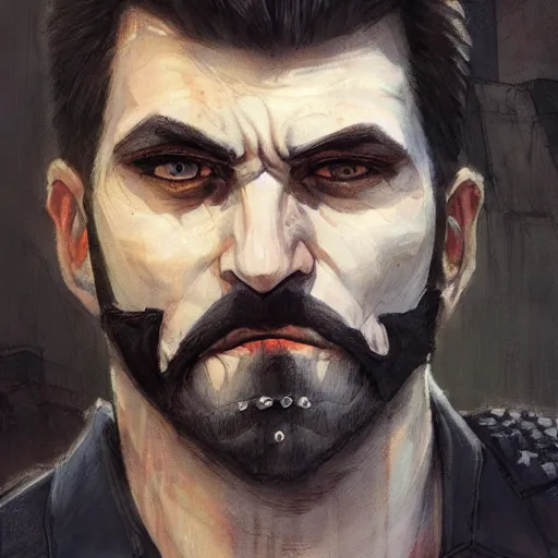 Image similar to portrait of a greying pale vampire police officer with short hair and a patchy beard, close up, grimy streets backdrop, highly detailed, sharp focus, perfect eyes, art by esad ribic