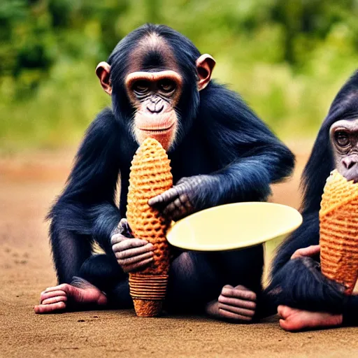 Prompt: a dslr 3 5 mm f 2 chimpanzee photograph of two chimpanzees!!! worshiping a giant ice cream cone sent by aliens that chimpanzees are worshiping, at dawn.