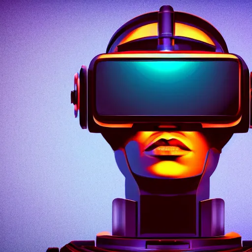 Image similar to retro vintage sci - fi, hollywood, cyborg robot wearing vr headset, 3 d illutration, profile portrait, night, detailed, cyberpunk style,