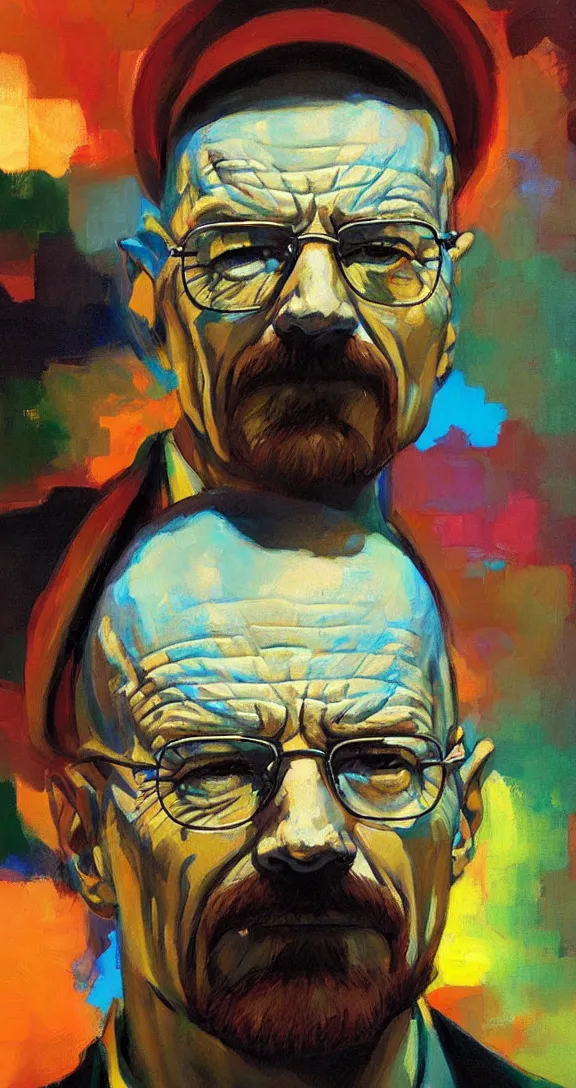 Image similar to a highly detailed beautiful portrait of walter white, neon lights, by gregory manchess, james gurney, james jean