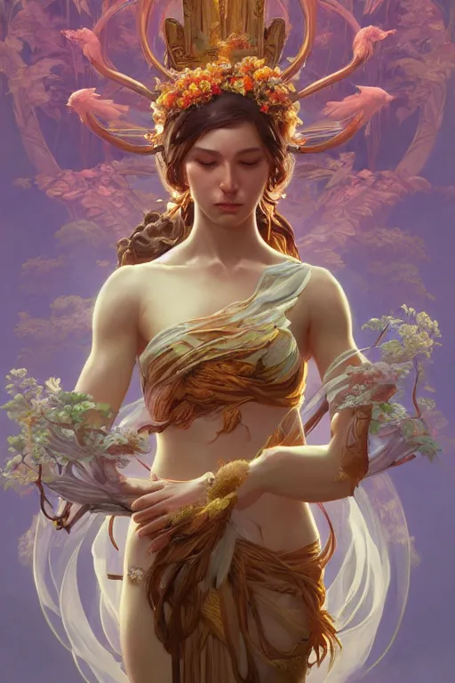 Image similar to goddess of nature, accurate anatomy, only two hands, highly detailed, digital painting, artstation, concept art, smooth, sharp focus, illustration, Unreal Engine 5, 8K, art by Ross Tran and greg rutkowski and alphonse Mucha