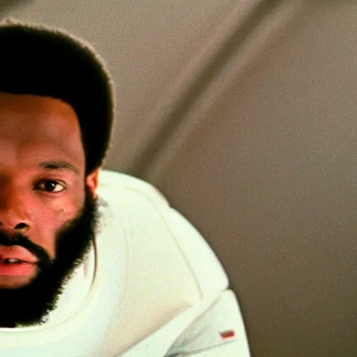 Image similar to film still of a black man with afro hair and raspy beard stubble in 2 0 0 1 a space odyssey