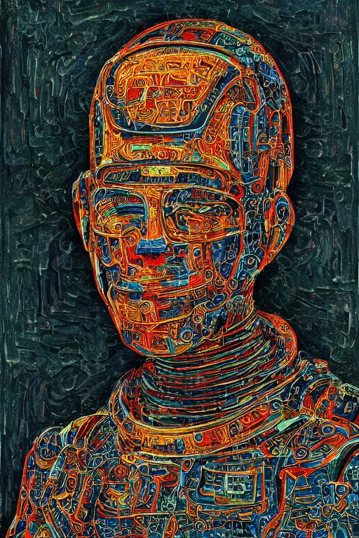 Image similar to robot monk painting a self - portrait on a canvas. intricate, highly detailed, photorealistic, film still, by christopher doyle.