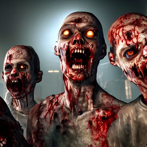 Image similar to a group of zombies coming towards the camera, highly detailed, photorealistic portrait, bright studio setting, studio lighting, crisp quality and light reflections, unreal engine 5 quality render