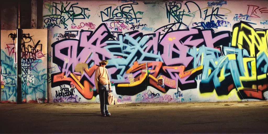 Image similar to bronx, night, city lights, graffiti on the wall, man in the carhartt jacket, coloured film photography, 3 5 mm film, bruce davidson photography, willy spiller photography