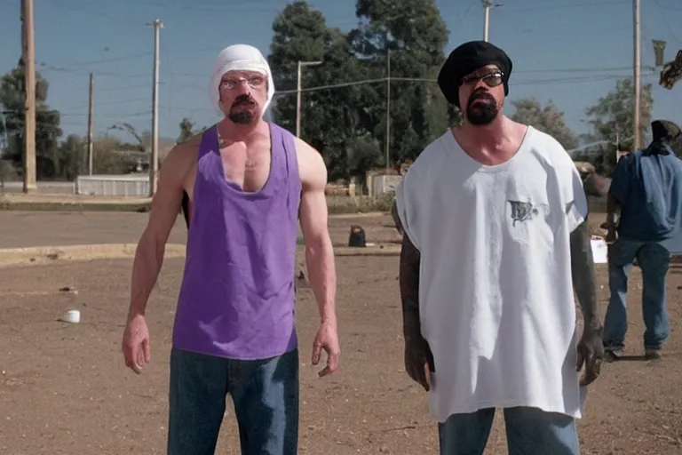 Image similar to medium full shot of walter white as a white gang member wearing a purple head covering made from a polyester material and a stained white tank top dealing crack in the prison yard in the new movie directed by ice cube, movie still frame, arms covered in gang tattoo, promotional image, critically condemned, top 1 5 worst movie ever imdb list, public condemned, relentlessly detailed