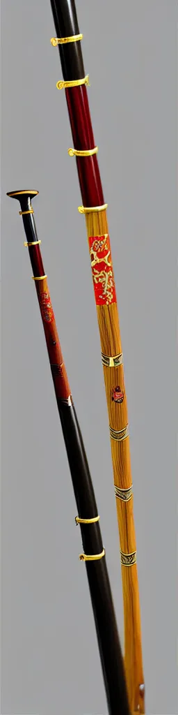 Image similar to single wooden long straight thin ninja fighting staff decorated with oriental ornaments, polished, weapon, highlight, vertical, centred, highly symmetric, sci - fi, fantasy, japan, dnd, close shot, bright uniform background, directional lighting, digital art, hyperrealism, award winning, 8 k