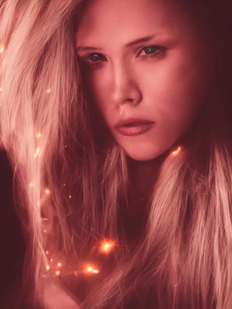 Prompt: photograph of a beautiful blonde woman illuminated by red light , night , 135 mm f1.4