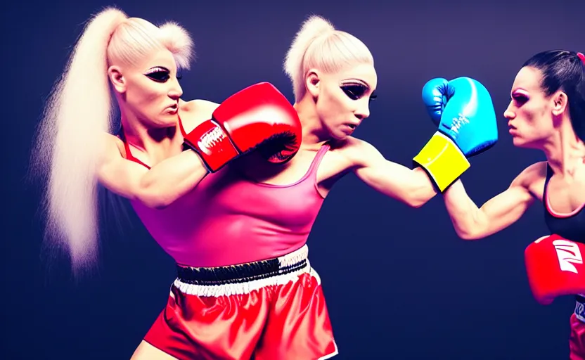 Image similar to girl boxing with drag queen, no blur, 4 k resolution, ultra detailed