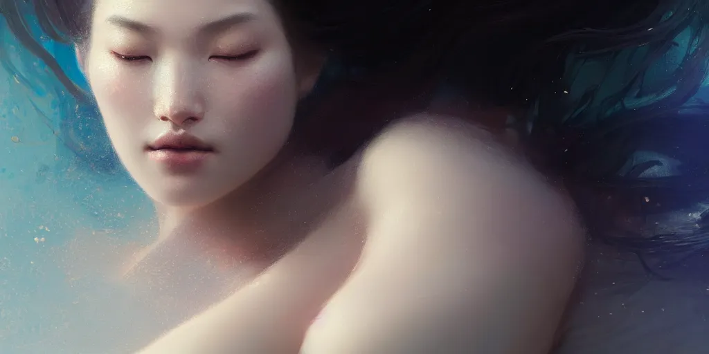 Image similar to close up face portrait of a beautiful woman laying down inside a sentetic fluid, dim light, extremely detailed digital painting, in the style of fenghua zhong and ruan jia and jeremy lipking and peter mohrbacher, mystical colors, rim light, beautiful lighting, 8 k, stunning scene, raytracing, octane, trending on artstation